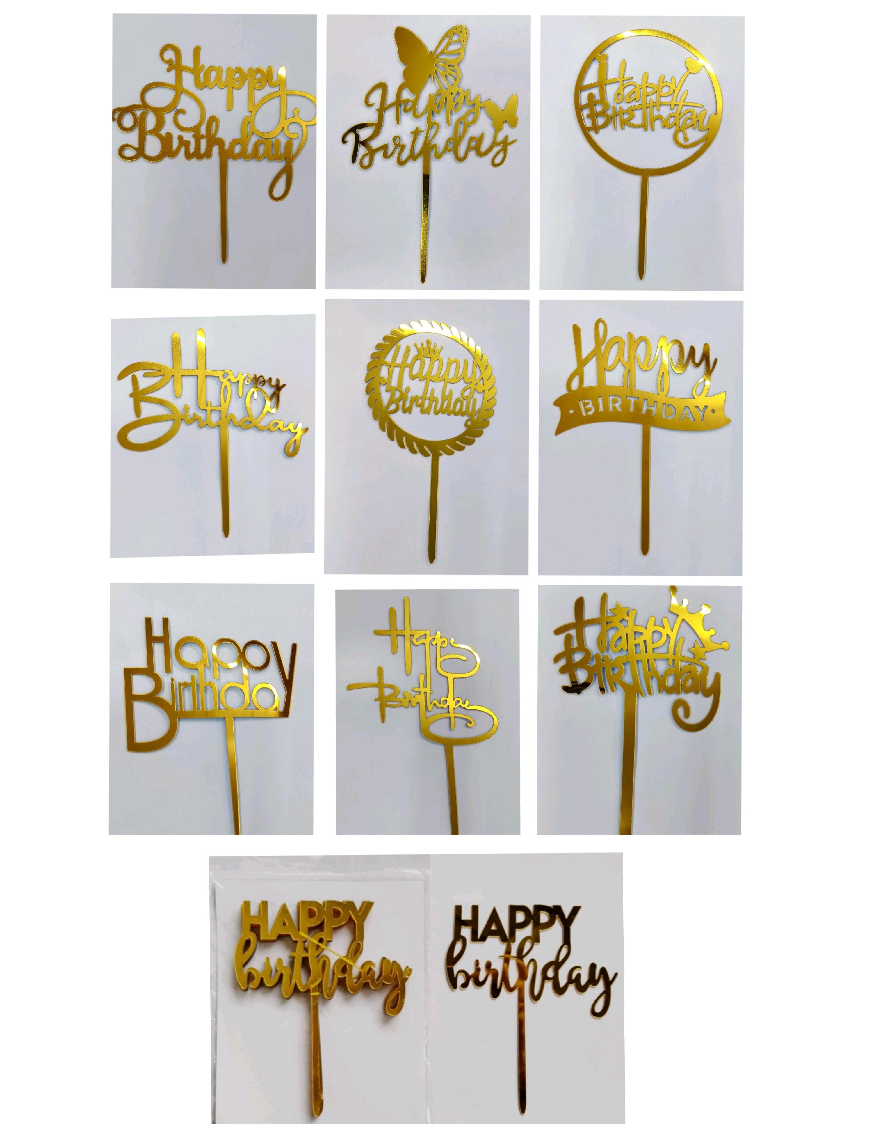 10 pc Super Value Bulk Pack Happy Birthday Imported Acrylic Toppers 5" Long + Appx (10 pcs Pack) 1 mm Thick Appx