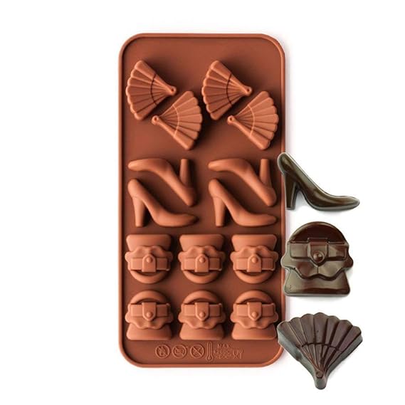 14-Cavity - Heel, Handbag and Fan Shape Silicone Chocolate Mold - Non-Stick Baking & Candy Making Tray - 1 Piece