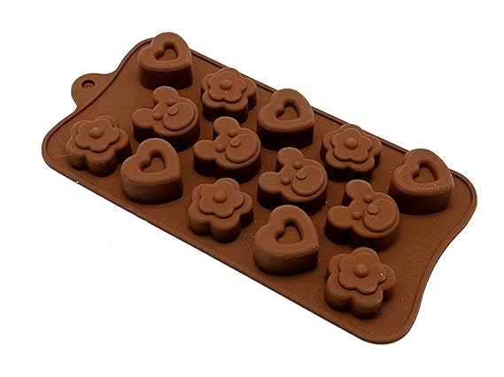 14-Cavity - Multi-Shape Silicone Chocolate Mould - Heart, Flower & Bear Designs - Non-Stick Baking & Candy Making Tray - 1 Piece