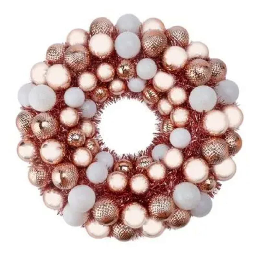 17" Dia 4" Height Wreath Of Balls - Rose Gold and White