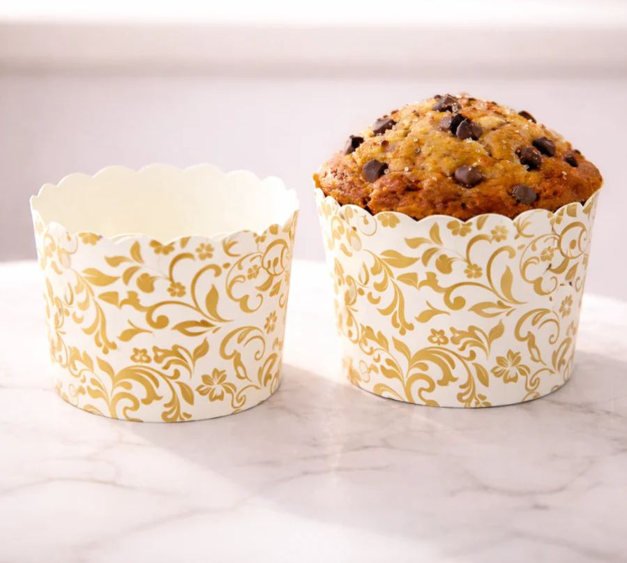 6 cm - White and Gold Floral Design Muffin Cups - Pack of 50