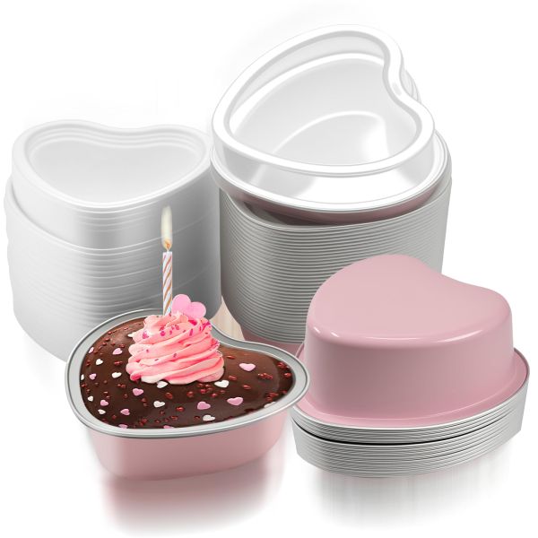 Aluminum Foil Baking Containers with Transparent Lid - Heart Tins - Bake N Serve - Pack of 100 - 100 ML