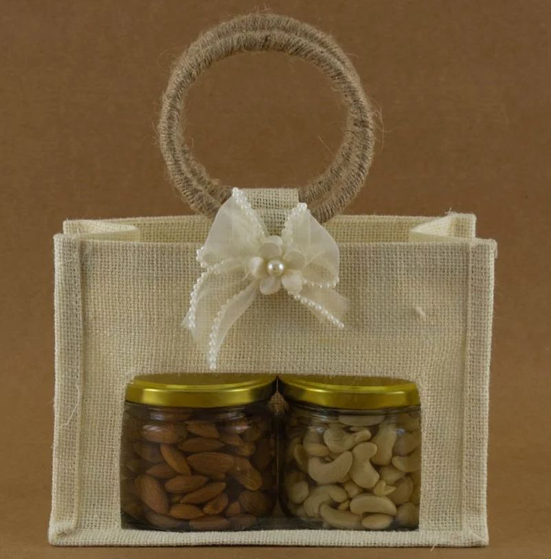 Beige & Cream 2 Jar Jute Gift Bag with Window & Round Handles – 1 Piece