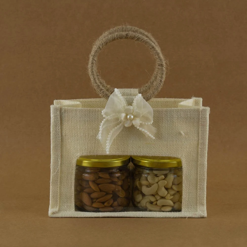 Beige & Cream 4 Jar Jute Gift Bag with Window & Round Handles - Pack of 1