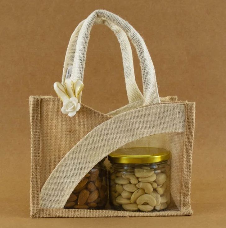 Beige & Cream Jute Gift Bag with Window & Handle - Pack of 1