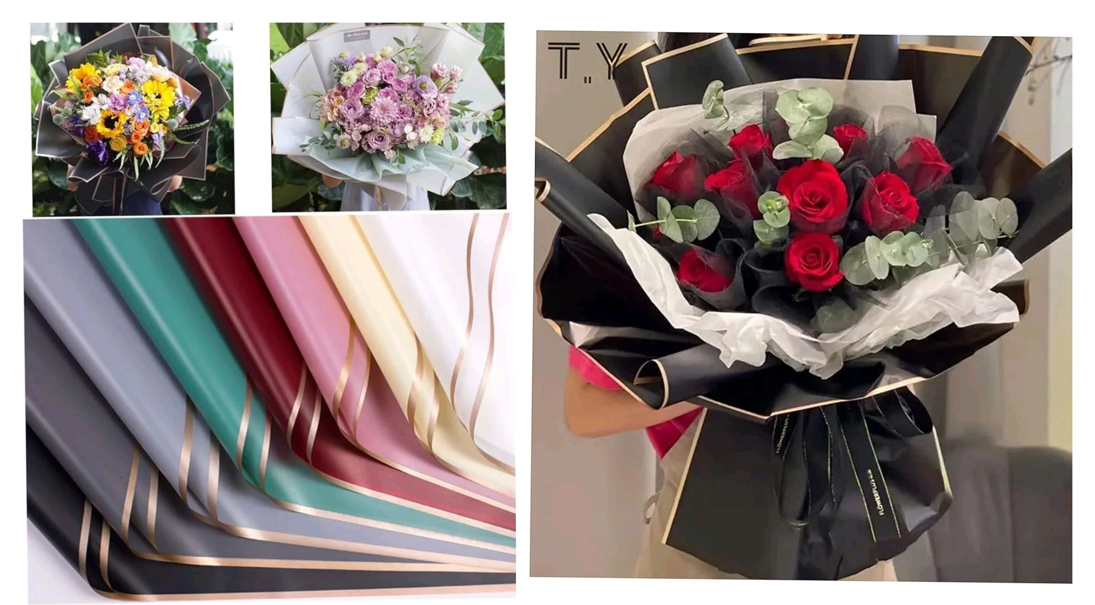 Bouquet Wrapping Paper Rose Gold Border 20 Sheets/pkt - 6-10 Colors