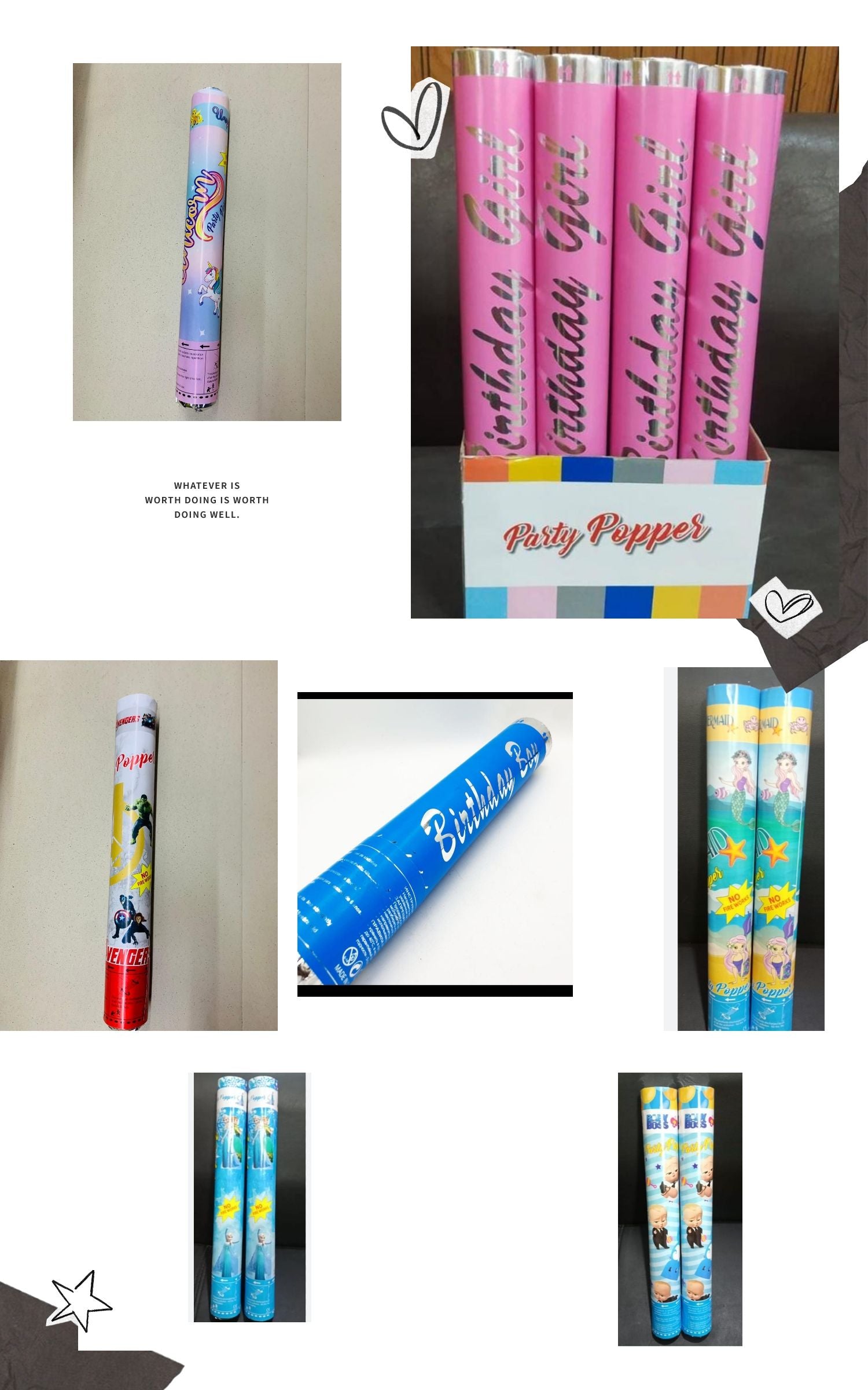 Character Party Poppers Frozen, Unicorn, Baby Boss, Avengers, Mermaid, Girl & Boy