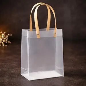 Frosted Matte Gift Bag with Wood - Textured Handles - Translucent PVC Party Favor & Retail Packaging