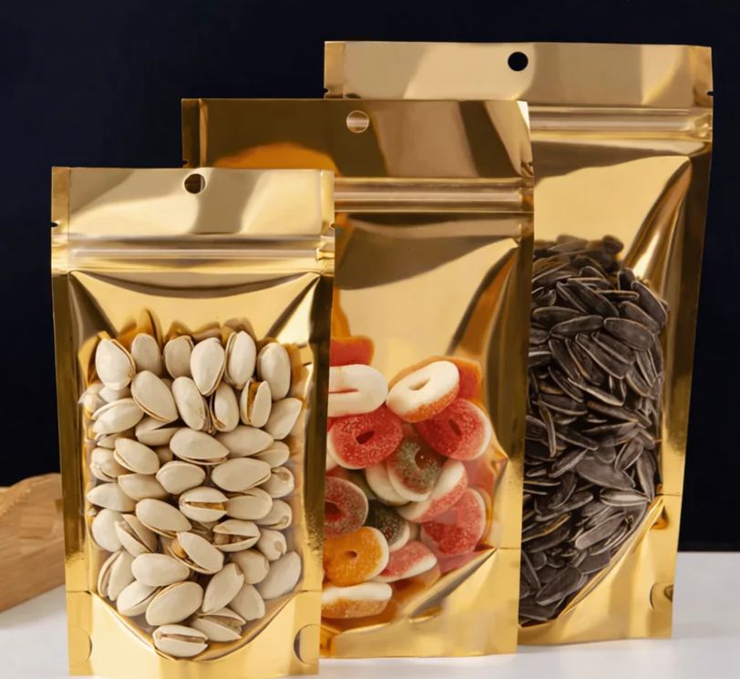 Full Window Gold Pouch - Standing Zip Lock Pouch - Pack of 100