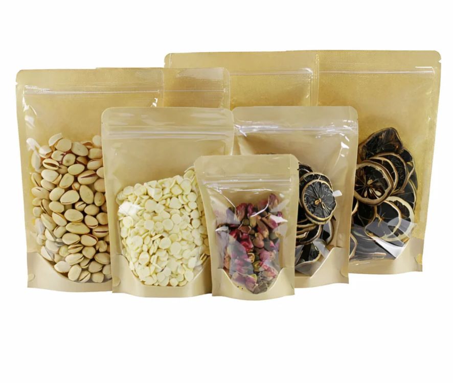 Full Window Stand-Up Kraft Pouch - Resealable, Durable & Food-Safe Packaging - Pack Of 100