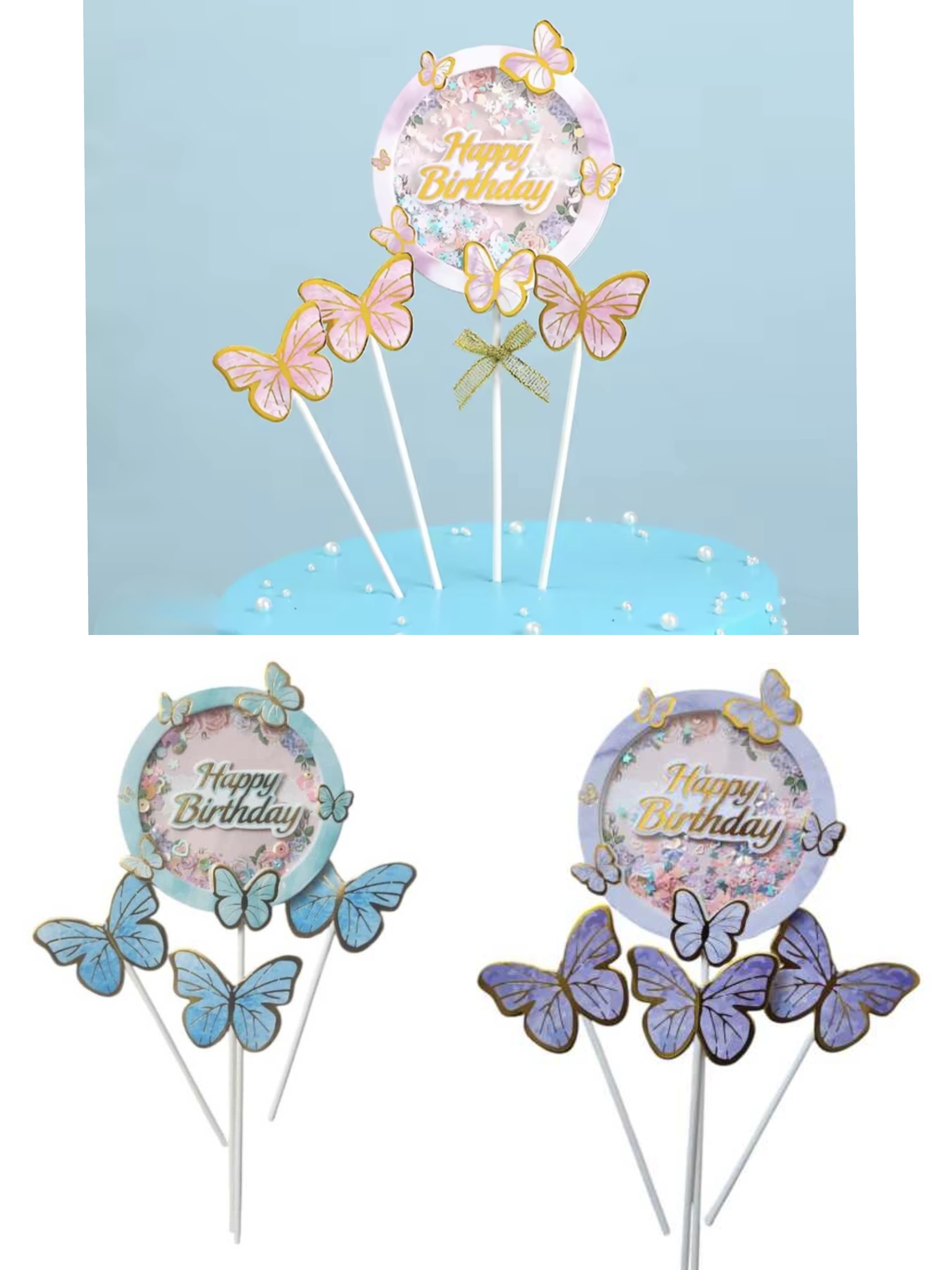 Glitter Cake Topper With Butterfly 3 Colors Mix