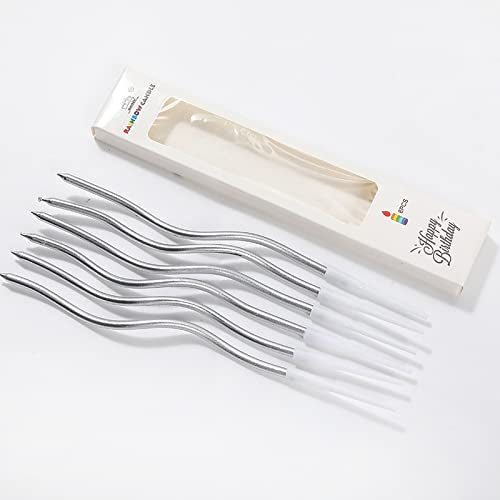 Metallic Curly Thin Candles Pack of 6 Silver Color