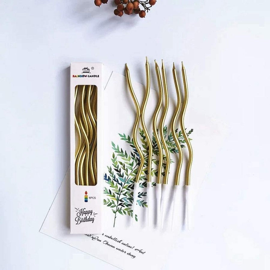 Metallic Curly Thin Candles Pack of 6 Golden Color