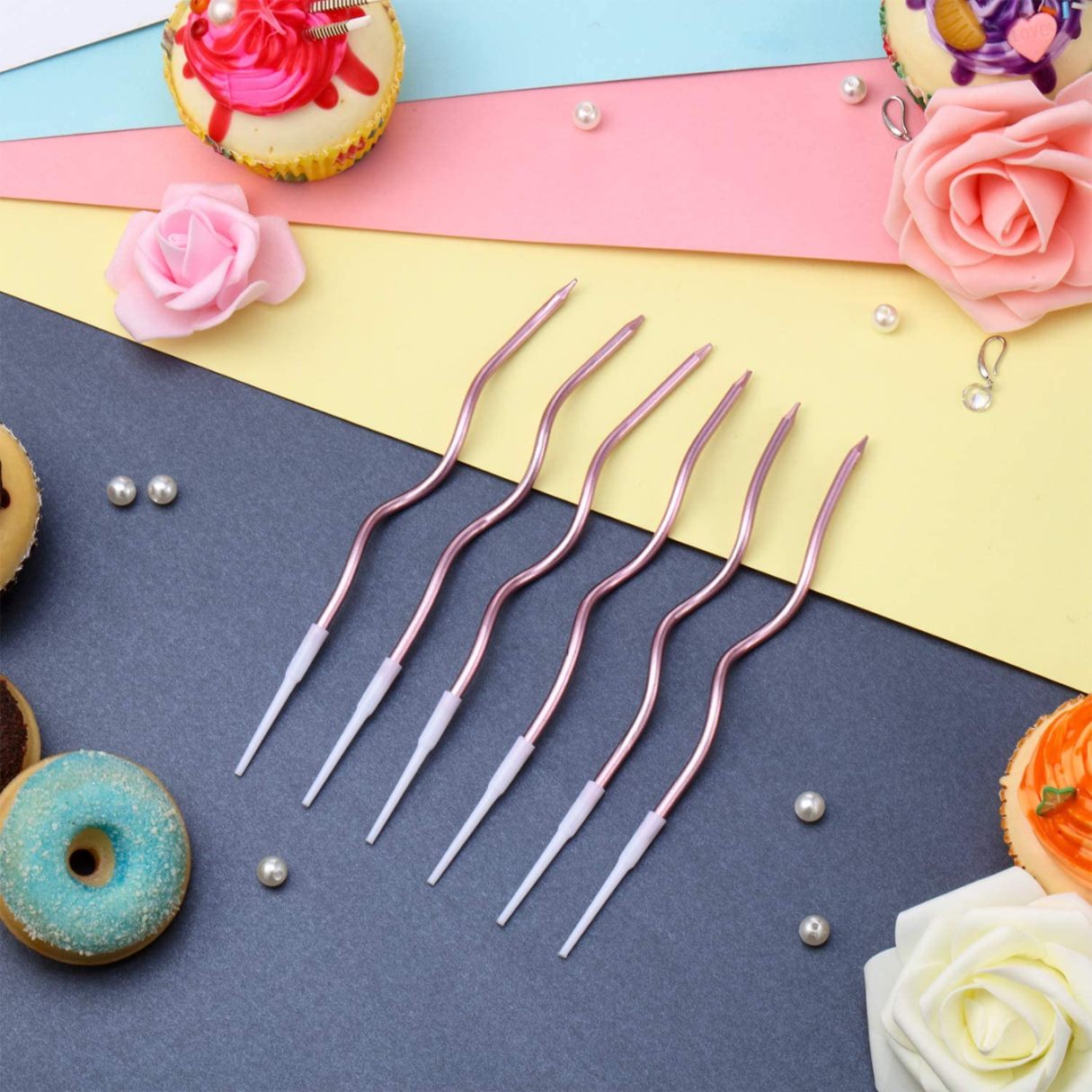 Metallic Curly Thin Candles Pack of 6 Rose Gold Color
