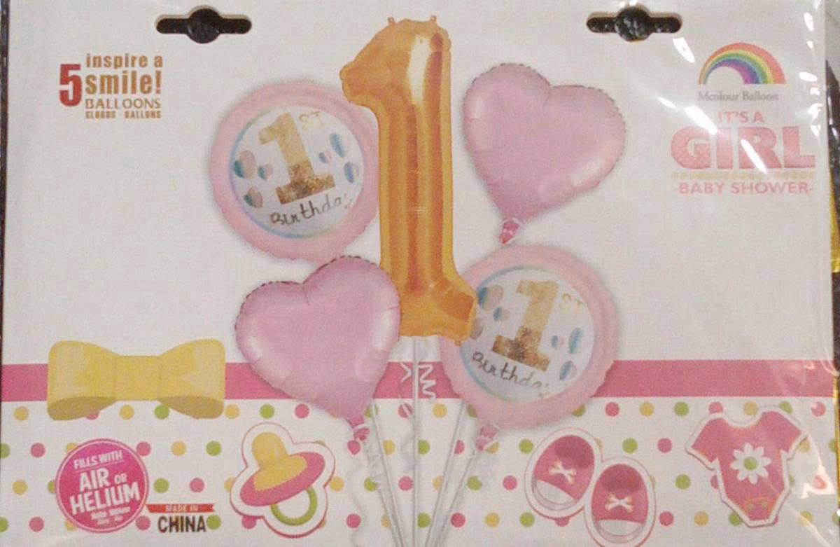 New Design First Birthday Girl 5 Pcs Foil Balloon Set