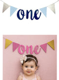 One Pink Blue Paper Glitter Bunting Banner