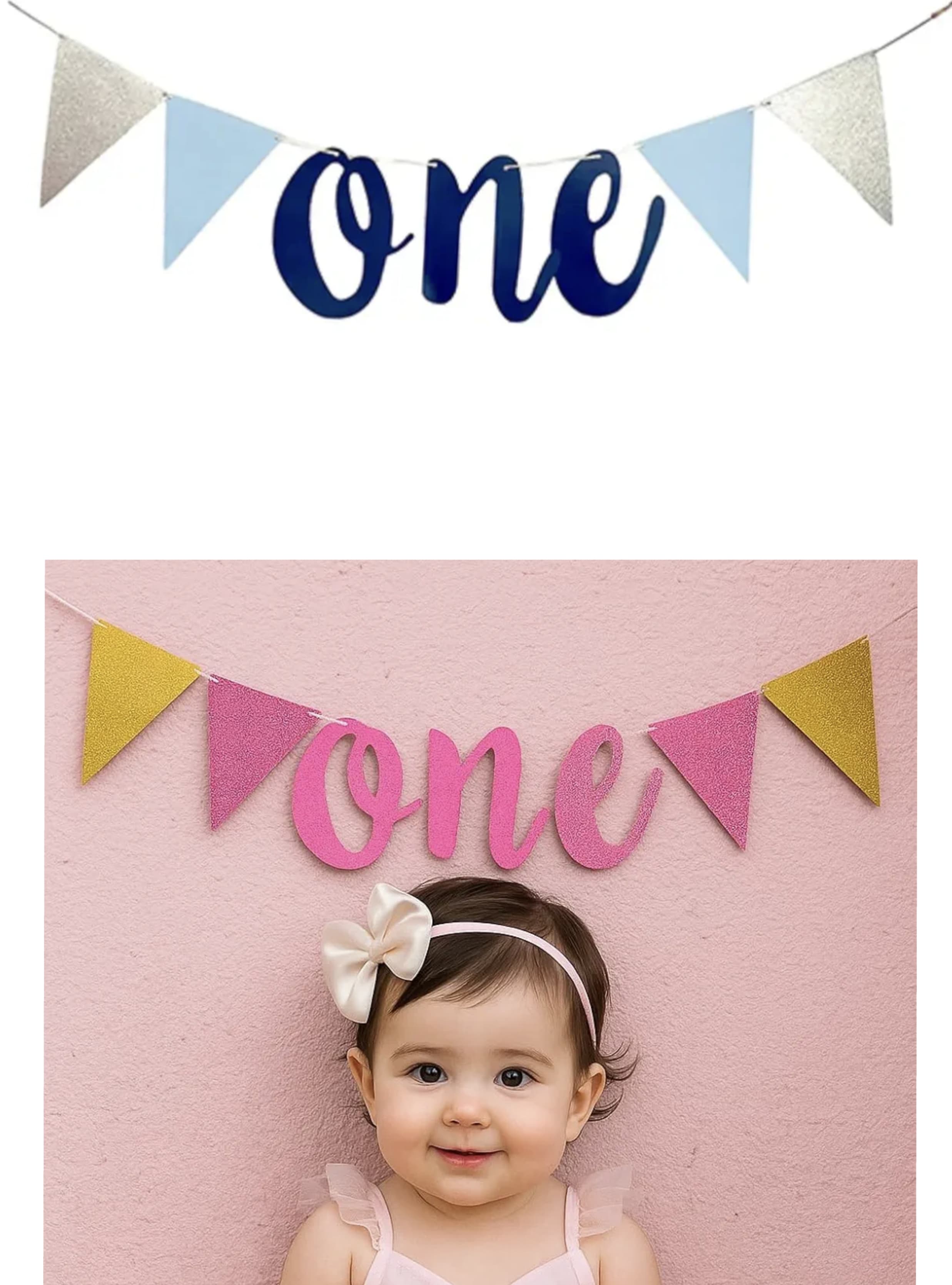 One Pink Blue Paper Glitter Bunting Banner