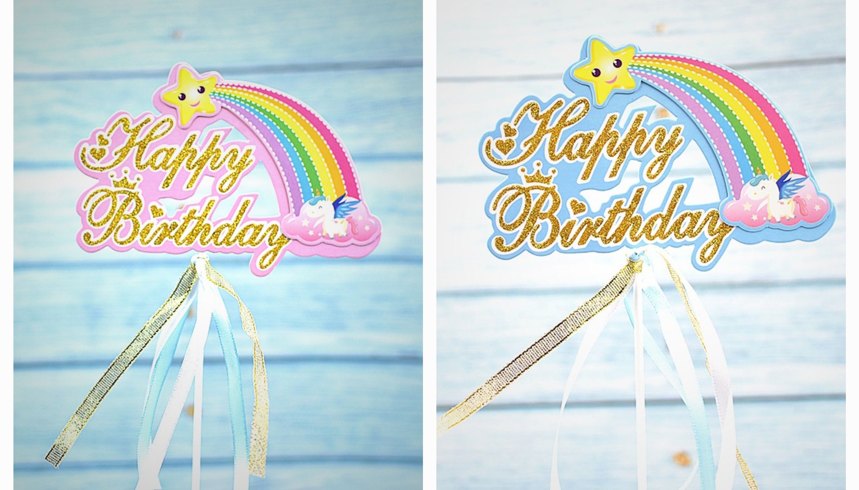 Rainbow Paper Topper with Glitter Ribbon (Blue / Pink)