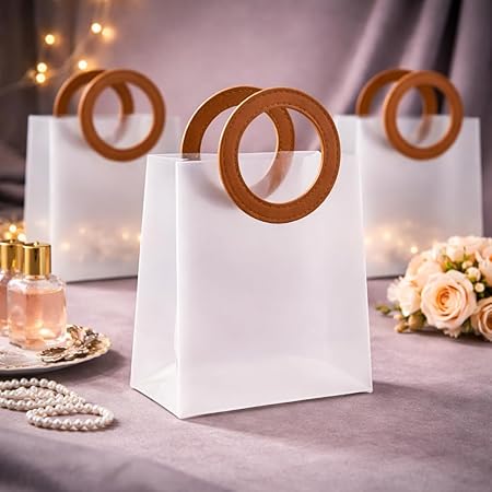 Transparent Bags With Leather Style Brown Color Handles - Pack of 12