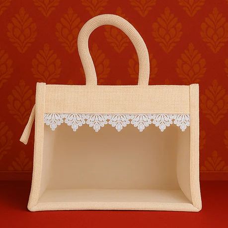 Transparent Window Jute Gift Bag with Zipper Lock & Lace Design - 4 Size Options Available - Pack of 1